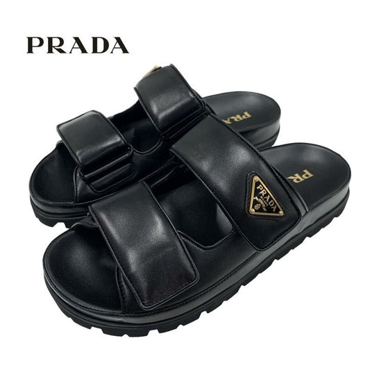 Prada Sandals Shoes Leather Black Unused Slide Sandals Triangle Logo