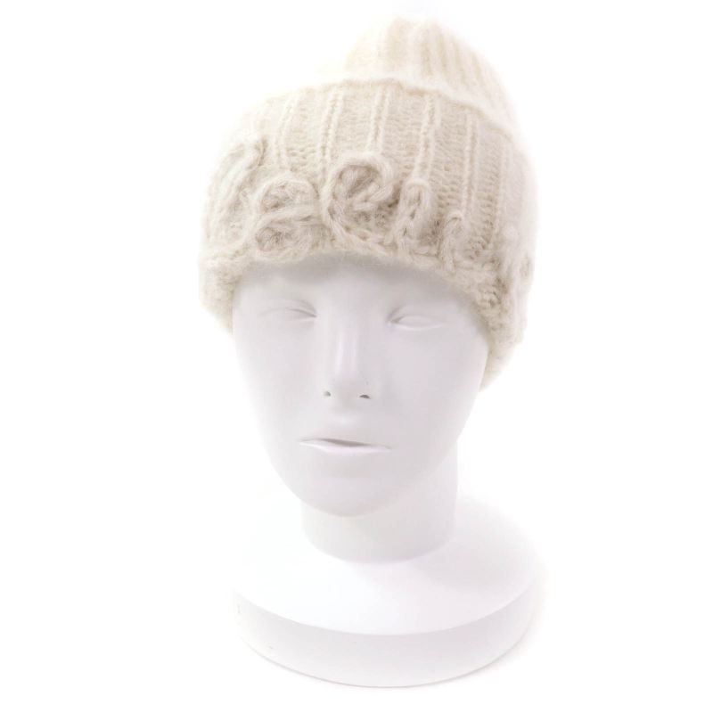 LOEWE F811487x36 Logo Design Mohair Blend Knit Cap Beanie Off White Made In