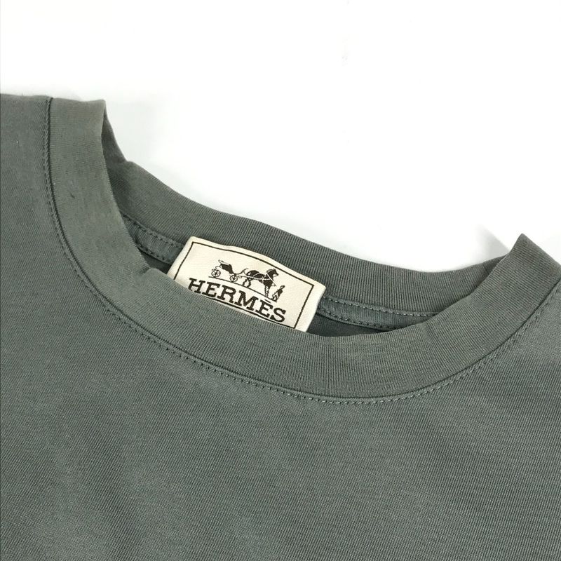 Hermes Short Sleeve T-shirt Horse Leather Patch Leather Tag Cotton Gray Khaki