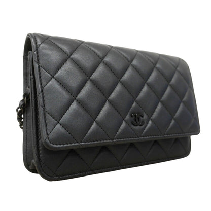 Chanel Shoulder Wallet Quilted Lambskin Black Cles — view 2
