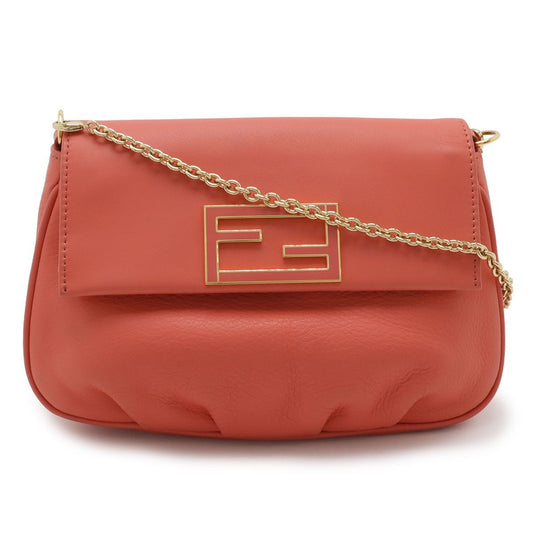 Fendi Chain Shoulder Bag Pochette 2-Way Clutch Leather Coral Pink Gold