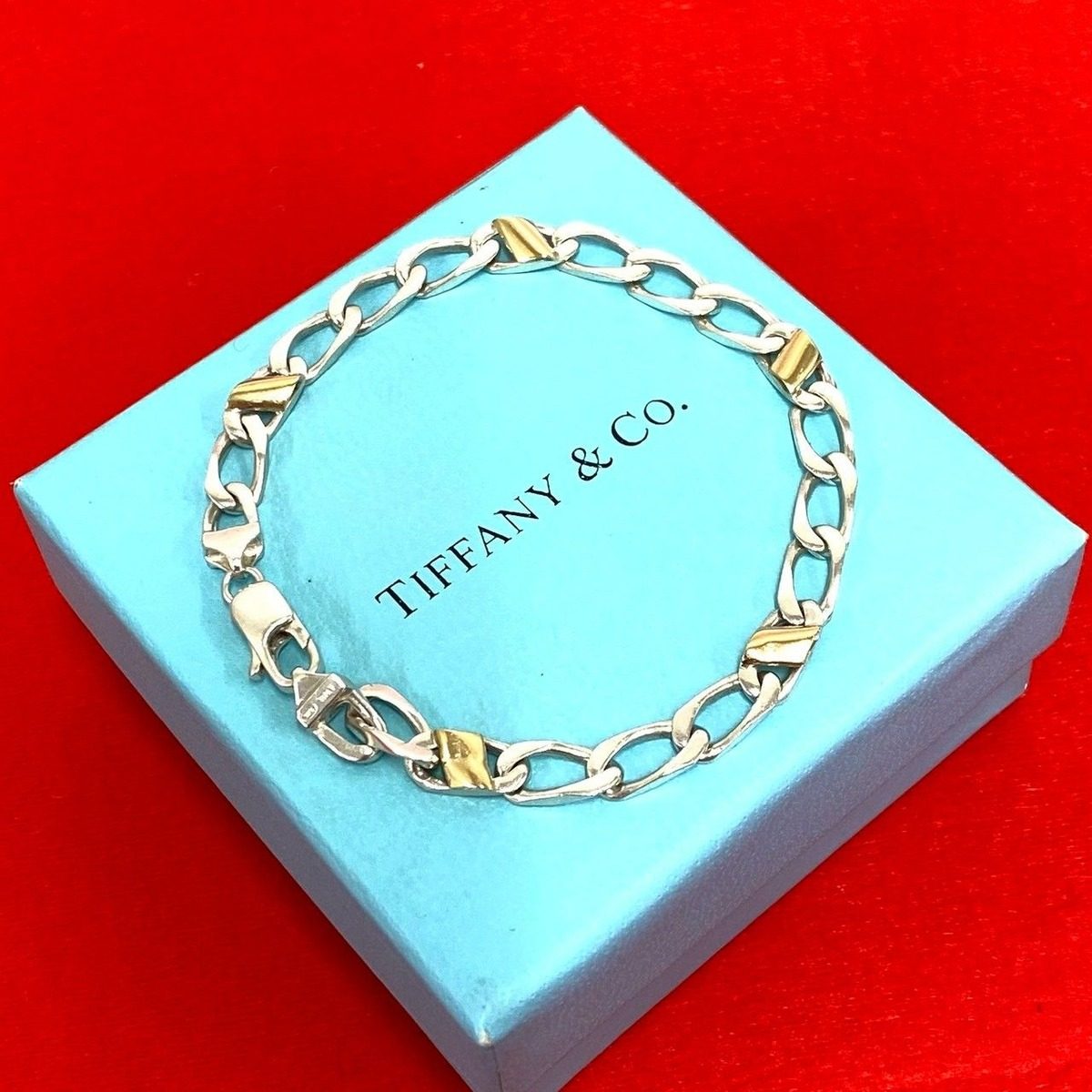 Tiffany & Co Figaro Bracelet 925 18k Yellow Gold Chain Bangle Silver