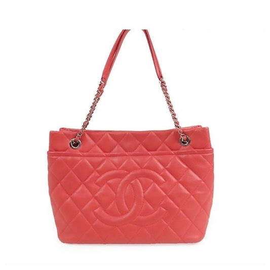 Chanel Chain Tote Bag Pink Silver Caviar Leather Quilted CC Logo