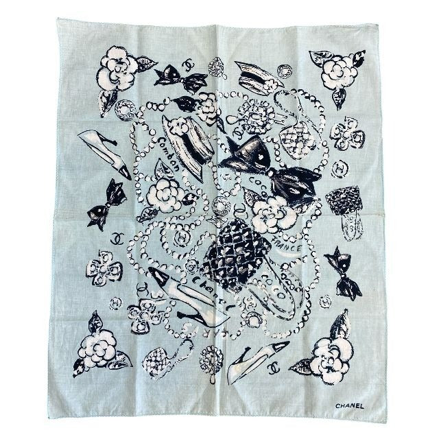 Chanel Scarf Handkerchief Bandana Camellia Logo Coco Mark Light Blue Black
