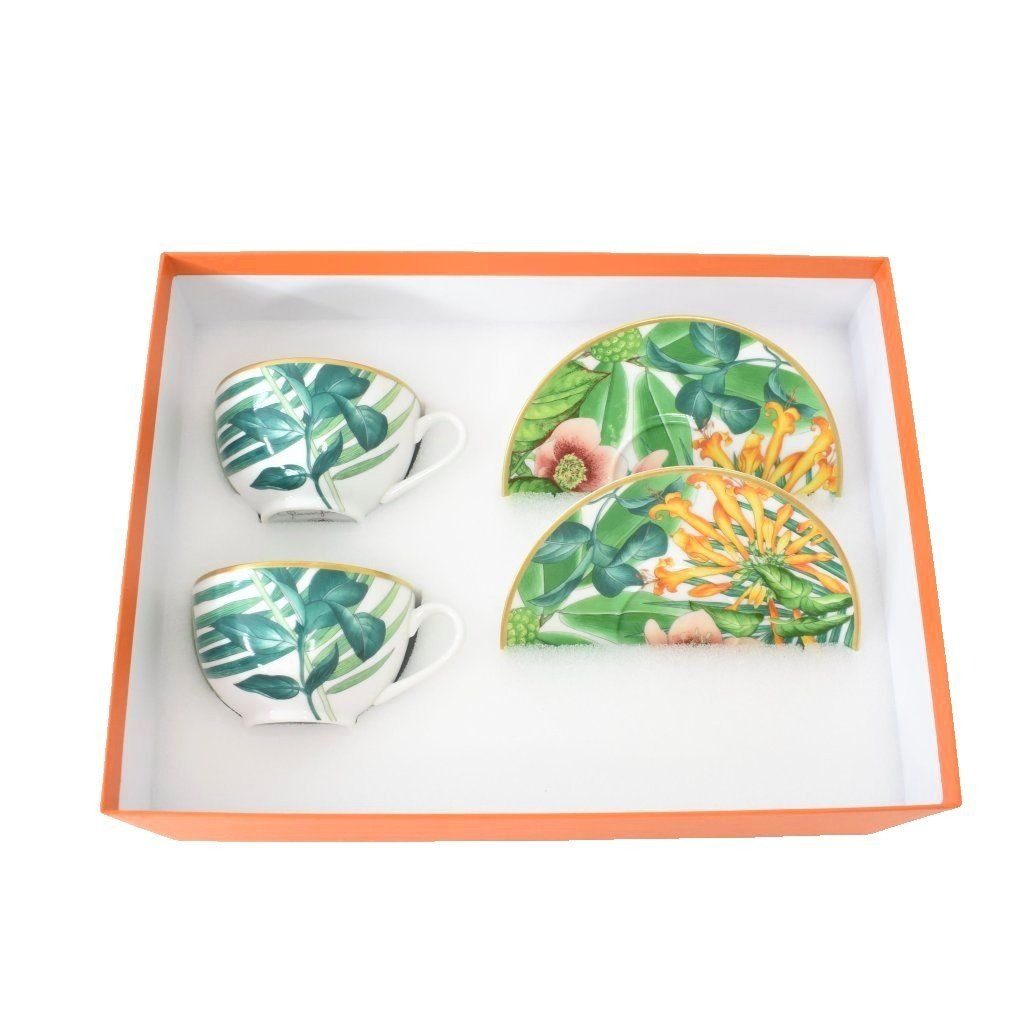 Hermes Passifolia Collection Tea Cup & Saucer Set for 2 Tableware Green