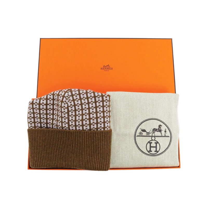 Hermes Knit Hat Beanie Brown Pink M Size Cashmere Hat Cap Women's