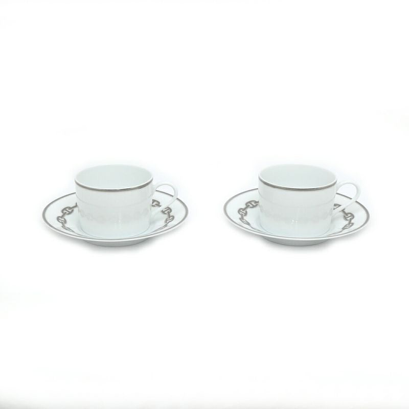 Hermes Tea Cup & Saucer Chaine D'ancre 2-customer Set White Platinum