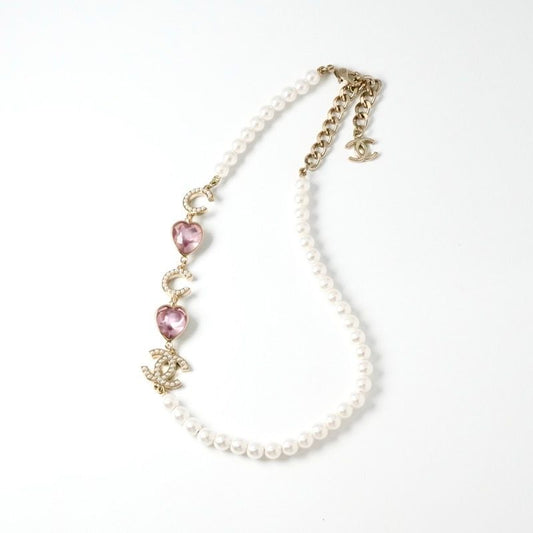 Chanel Necklace Pendant Choker White Gold Pink Here Mark Heart Stone