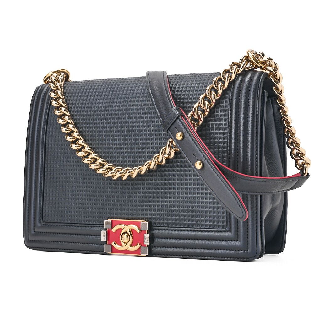 Chanel Boy Chanel Perforated Design Chain Shoulder Lamb Skin Navy And Red Large