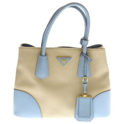 Prada Tote 2-Way Shoulder Bag Beige Light Blue Canvas Saffiano