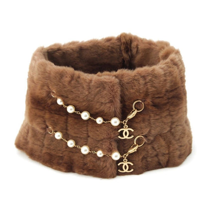 Chanel Ori Rug Rabbit Fur CC Logo Pearl Tippet Brown Hat