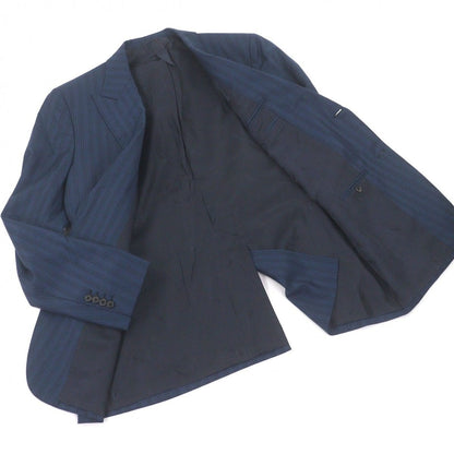 Hermes Wool Striped Pattern Peaked Lapel Blue Leather Trousers Singles Top and — view 3