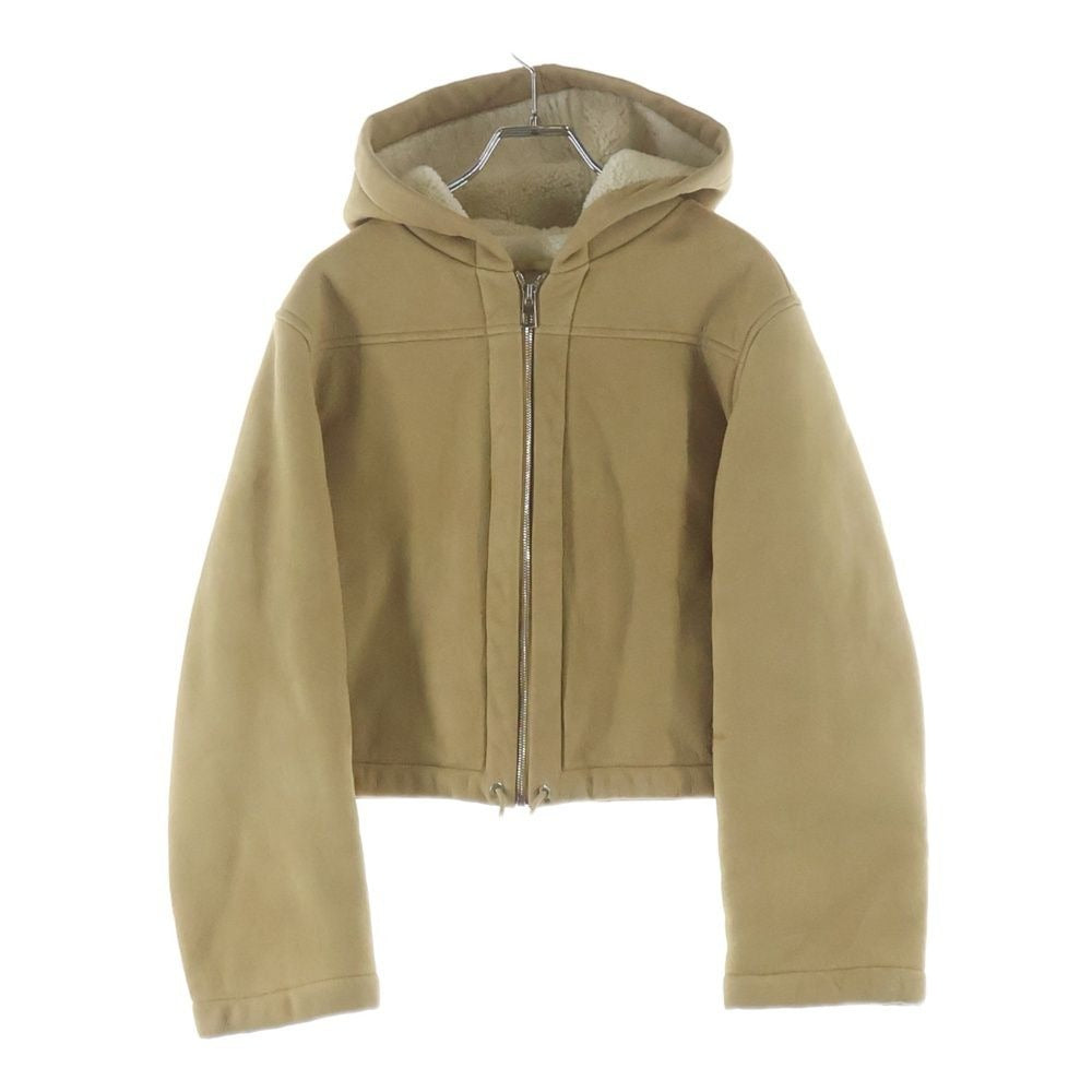 Loewe Suede Leather Hooded Mouton Zip Up Jacket Beige