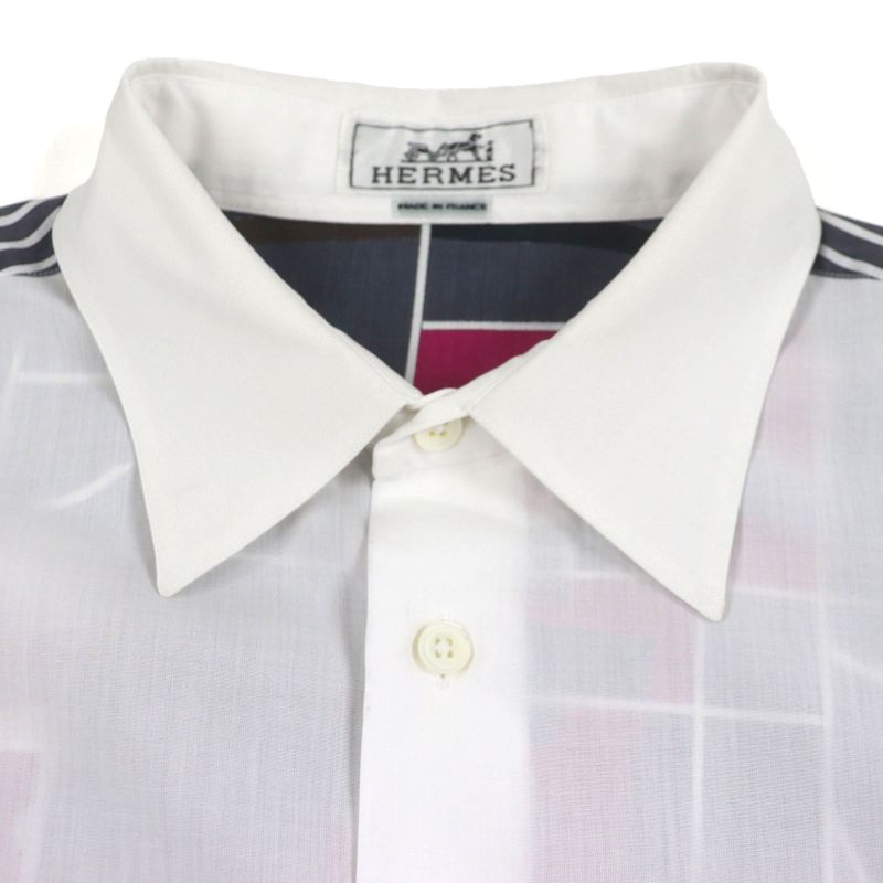 Hermes Mosaic Giant Cotton Serie Button Back Print Long Sleeve Shirt White