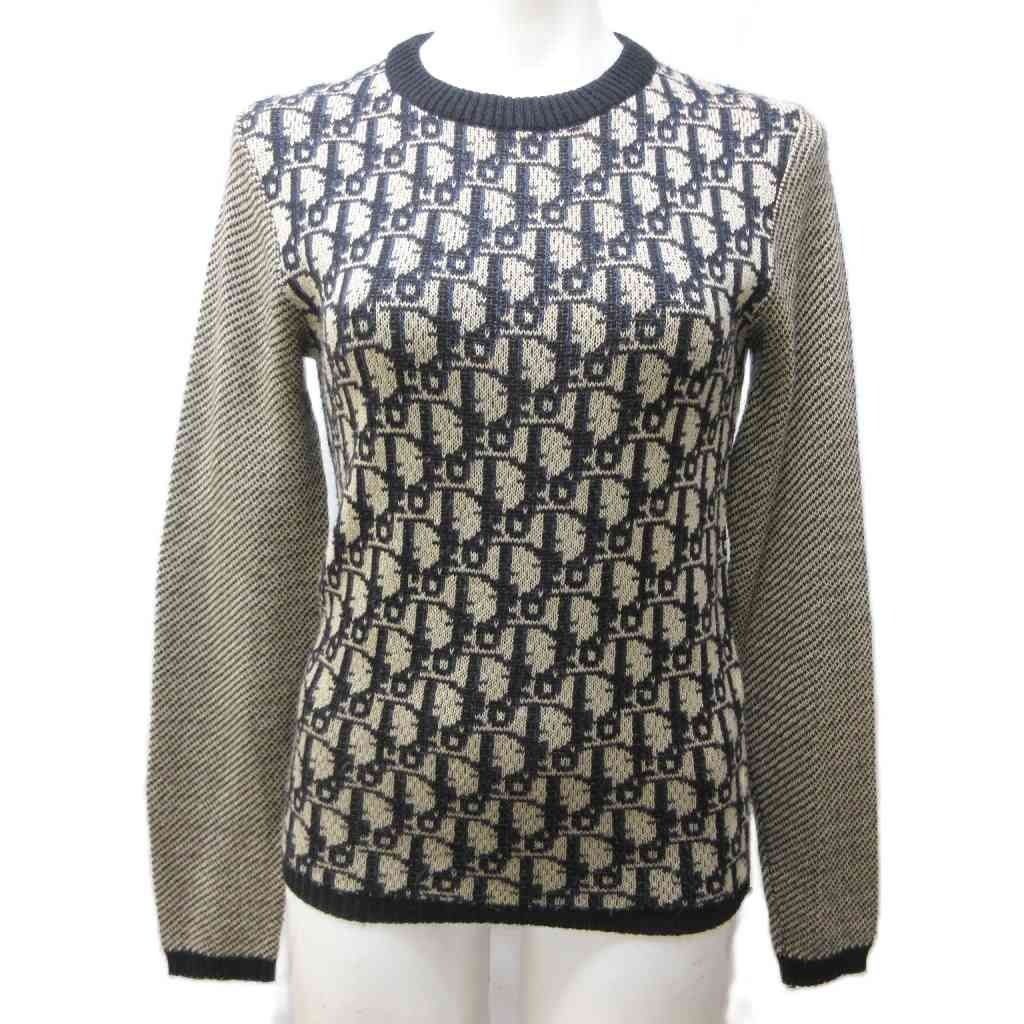 Dior Tricots Oblique Knit Sweater Logo Pattern Crew Neck Long Sleeve 42 M Beige