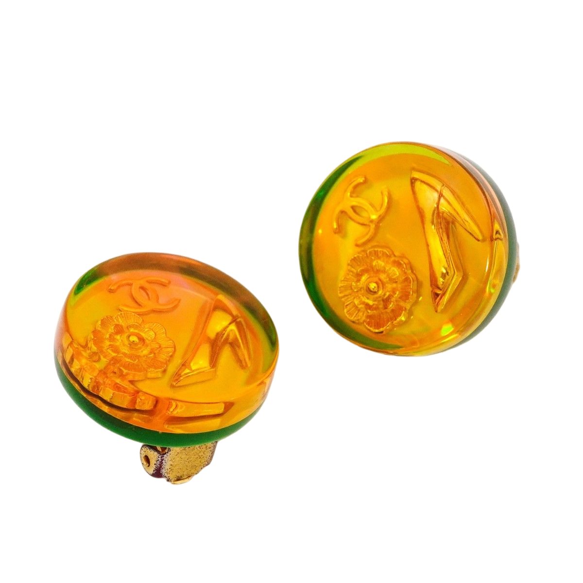 Chanel Earrings Vintage CC Logo Camellia Heels Gold Plated Resin Orange — view 2