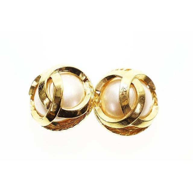 Chanel Vintage Faux Pearl CC Logo Earrings Gold Aa