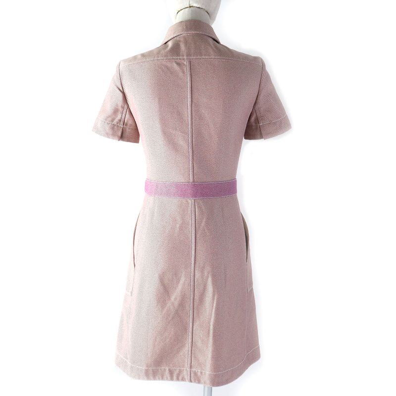 Hermes 100% Cotton Short Sleeves Zip-up Dress Pinkish 34 Women's