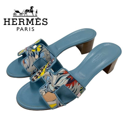 Hermes Oasis Sandals Shoes Canvas Leather Light Blue Multicolor Mule Pattern