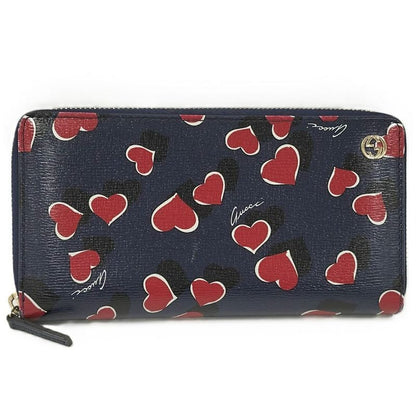 Gucci Round Zipper Long Wallet Interlocking G Heart Pattern Leather Navy
