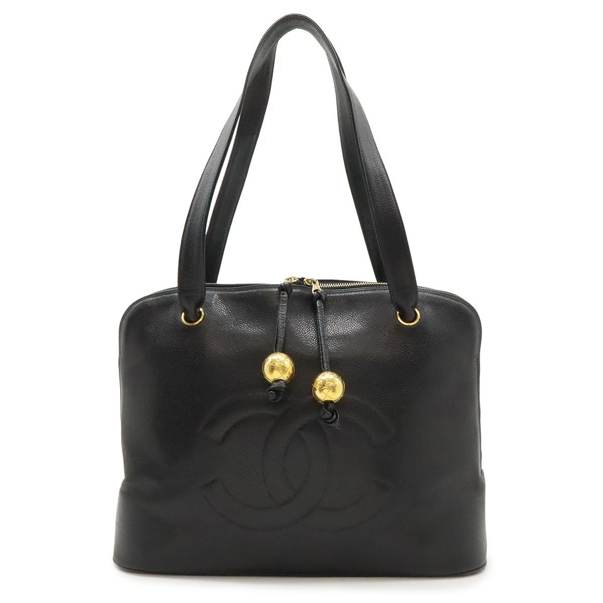 Chanel CC Logo Chain Tote Shoulder Bag Caviar Leather Black Gold
