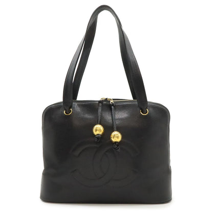 Chanel CC Logo Chain Tote Shoulder Bag Caviar Leather Black Gold