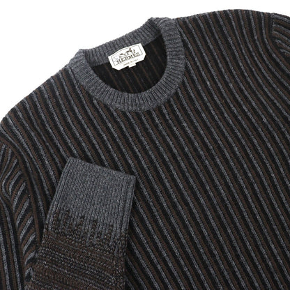 Hermes Wool Cashmere Striped Long Sleeve Knit Sweater Gray Brown Black M Made — view 3