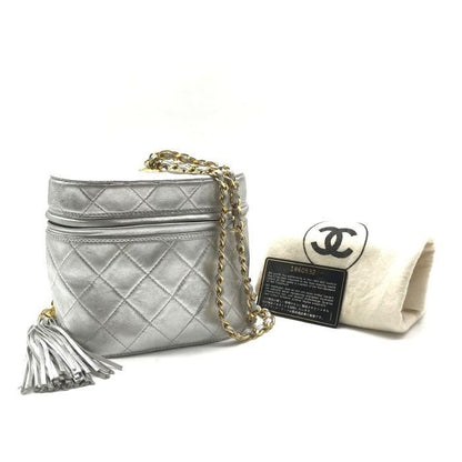 Chanel CC Logo Quilted Chain Shoulder Bag with Fringe Vanity Silver Leather