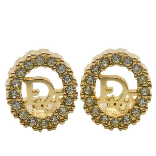 Christian Dior Earrings Metal Rhinestone Gold Logo Accessories Plated