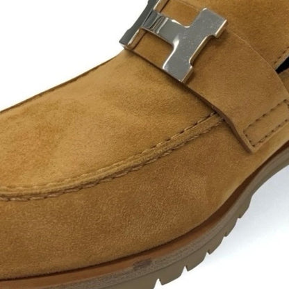 Hermes Faubourg Loafer Leather Shoes Suede Brown Silver Hhardware Moccasin Flat