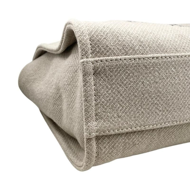 Chanel Tote Bag Deauville MM A67001 Canvas Chain Logo Beige Black Gold Hardware