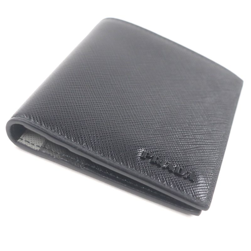 Prada 2mo004 Logo Plate Saffiano Martic Leather Bifold Card Case Billfold Nero