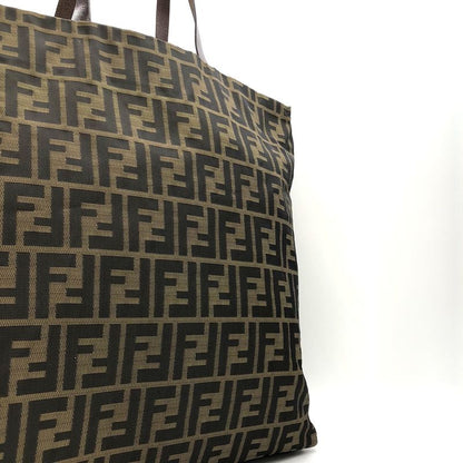 Fendi 71 15978 Tote Shopping Bag Zucca Nylon Canvas Vintage Leather Brown Khaki