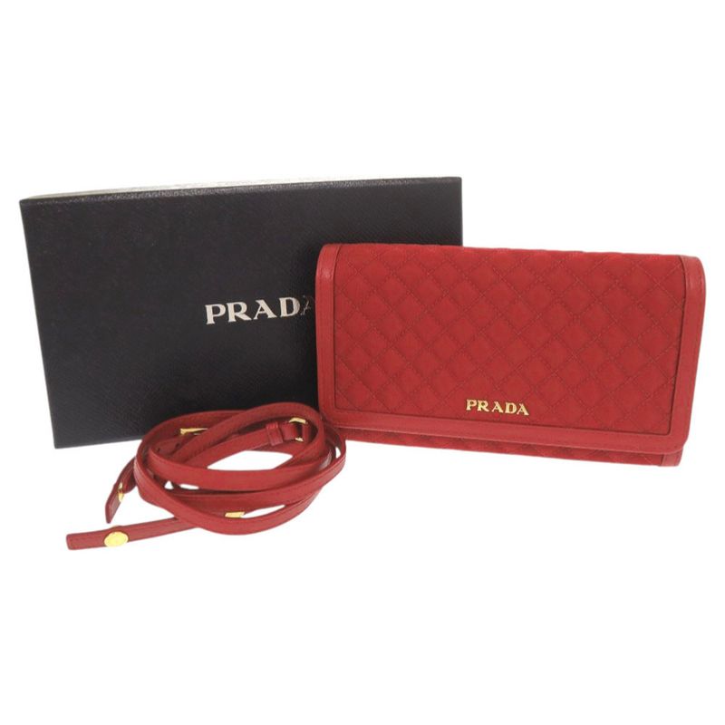 Prada 1m1437 Nylon Leather Red Shoulder Wallet Long Wallet Red 1800 Prada