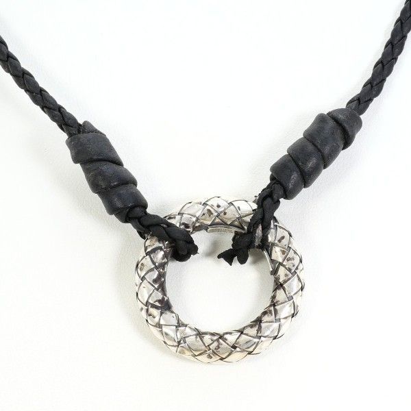 Bottega Veneta Intrecciato Circle Silver Leather Necklace 56