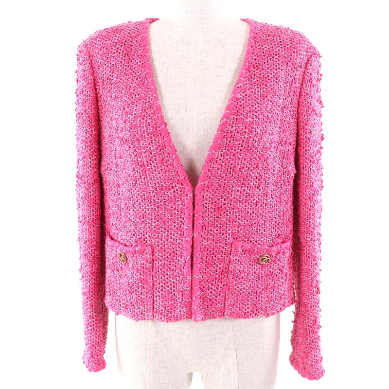 CHANEL P70041 Coco Mark Gold Button Cotton Tweed Collarless Jacket Pink 36 Made