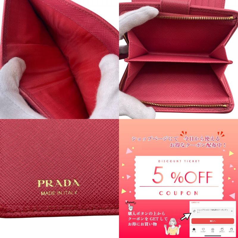 Prada 1ml018 Saffiano Bifold Wallet Branded Coin Purse Bill Pink Ladies