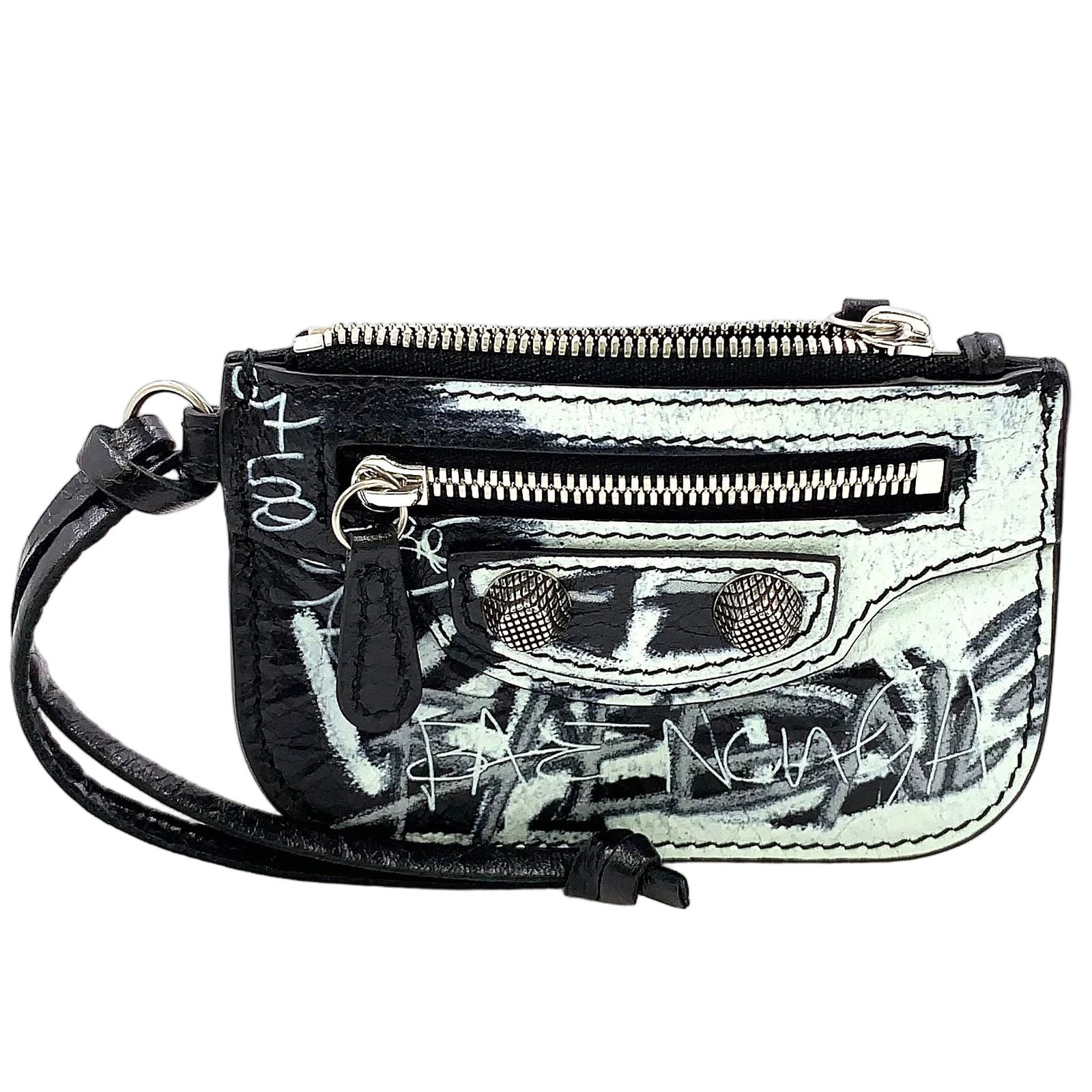 Balenciaga Luca Gor Graffiti Leather Black White Coin Case Silver