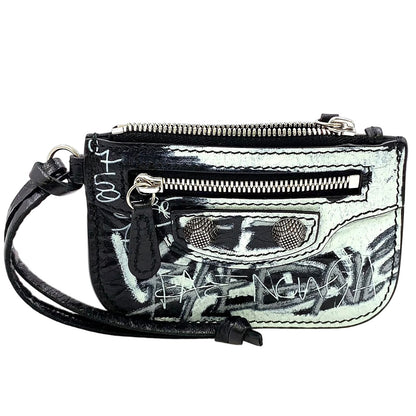 Balenciaga Luca Gor Graffiti Leather Black White Coin Case Silver