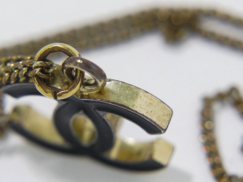 Authentic Chanel Coco Mark Necklace Pendant GP Gold Plated Black Accessories