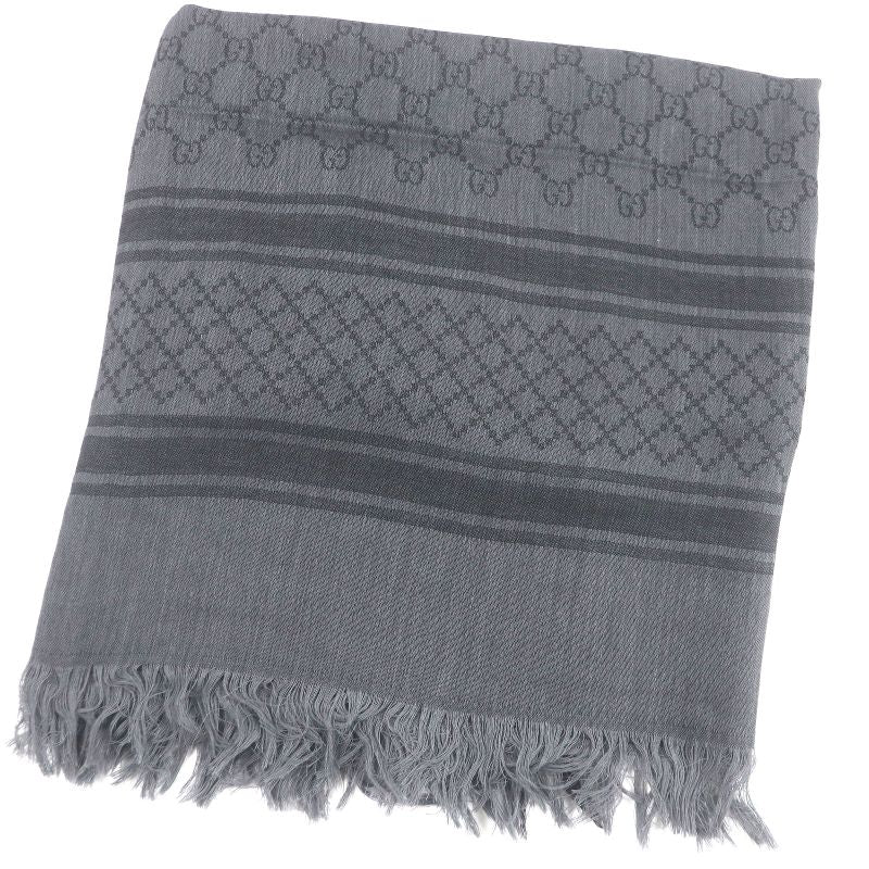 Gucci 544615 Wool Silk GG Logo Diamante Checked Fringe Stole Scarf Shawl Gray