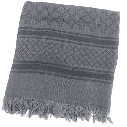 Gucci 544615 Wool Silk GG Logo Diamante Checked Fringe Stole Scarf Shawl Gray