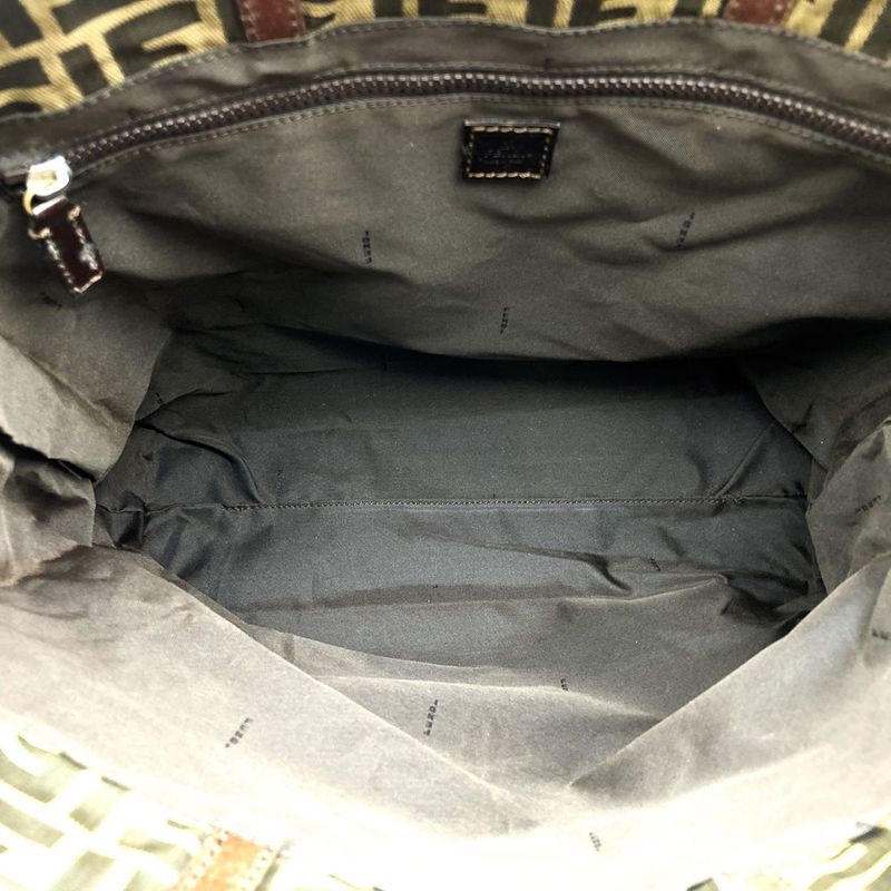 Fendi 71 15978 Tote Shopping Bag Zucca Nylon Canvas Vintage Leather Brown Khaki