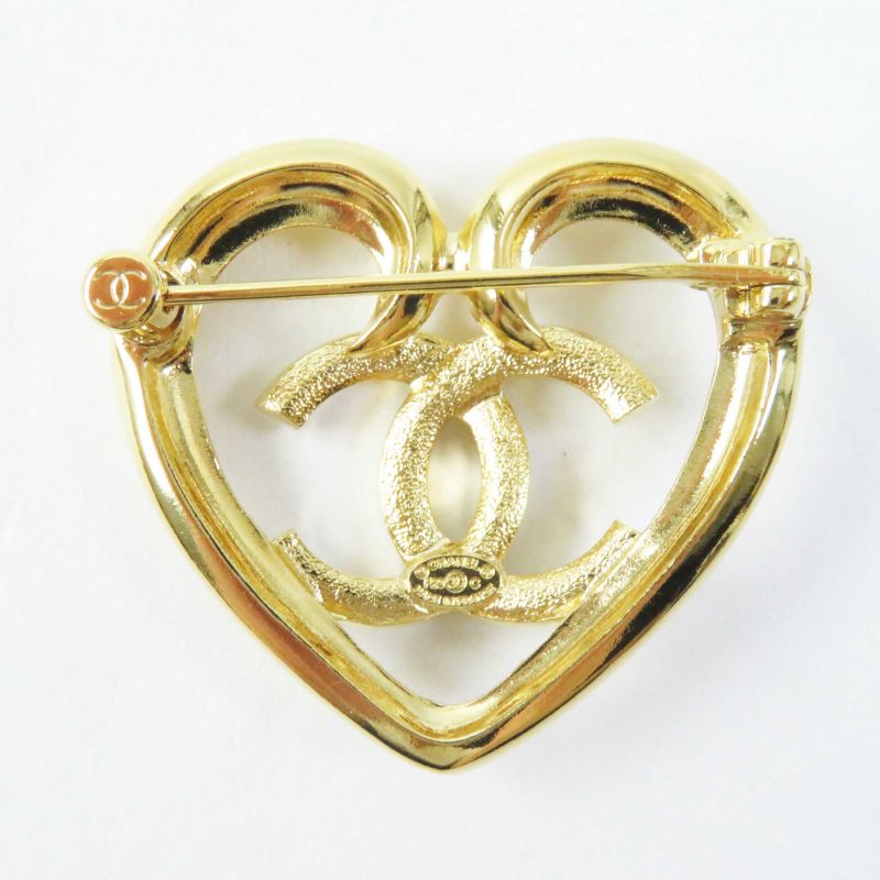 CHANEL F23C Coco Mark Heart Brooch With Rhinestones Gold With Box Ladies