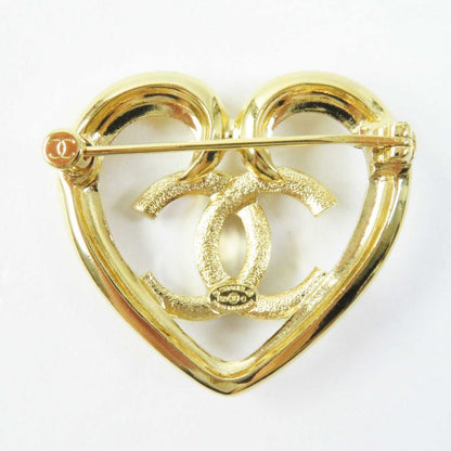 CHANEL F23C Coco Mark Heart Brooch With Rhinestones Gold With Box Ladies