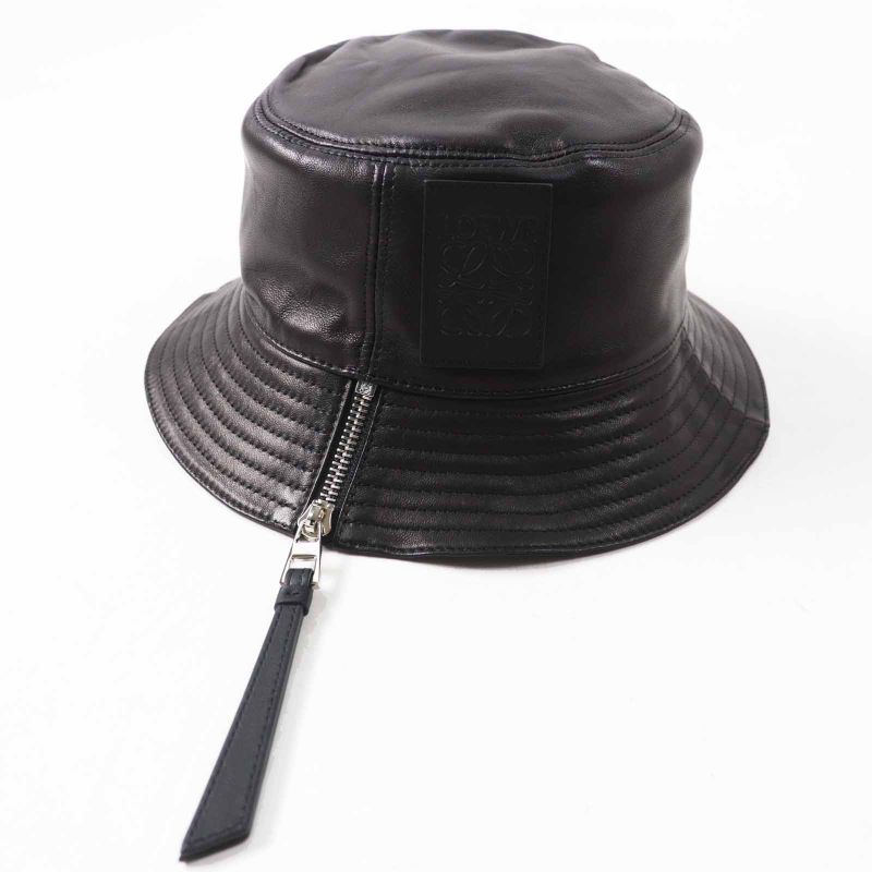 LOEWE Anagram Leather Lamb Leather Hat With Patches Hat Black Silver Hardware