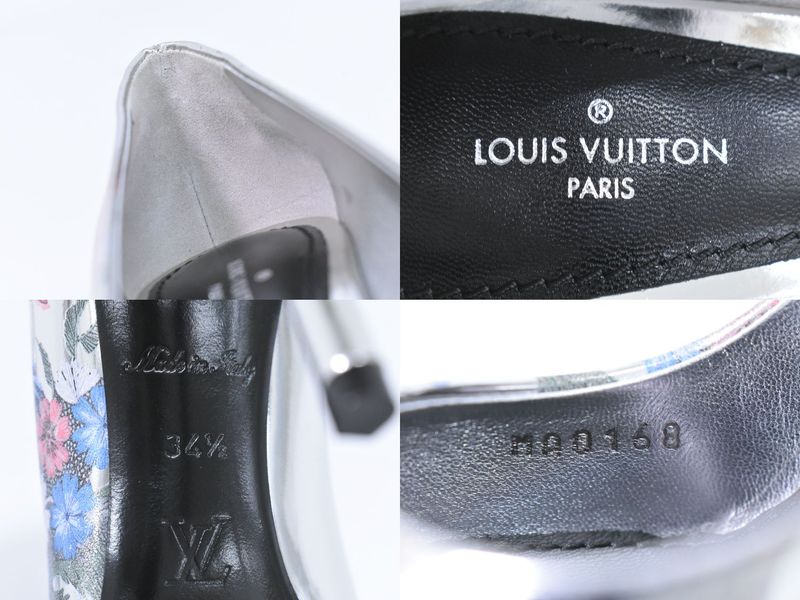 Authentic Louis Vuitton LV Floral Pumps Heels 34H Metallic Cles Zar Silver