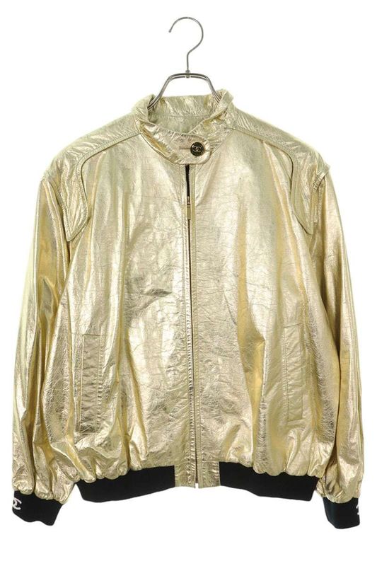 Chanel P74075c65707 Sleeve Ribbed Coco Mark Design Leather Jacket Women's 40