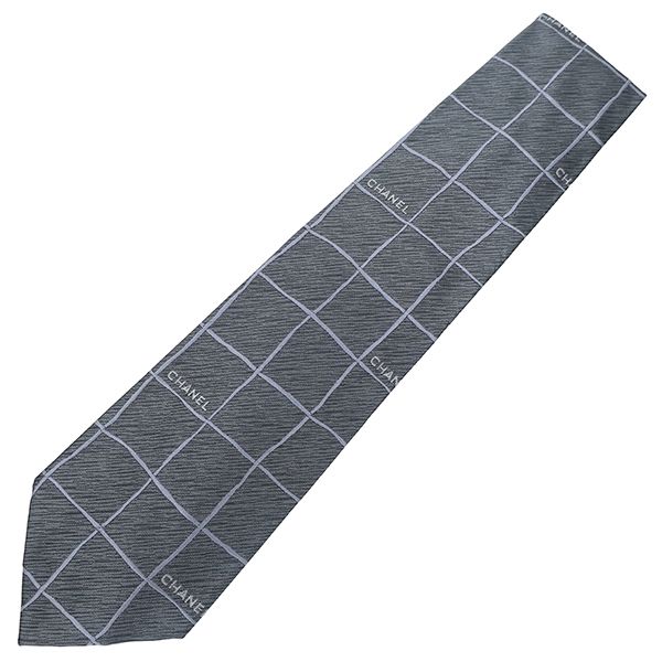 Chanel Necktie Plaid 9cm (3.54in) Silk Gray Silver
