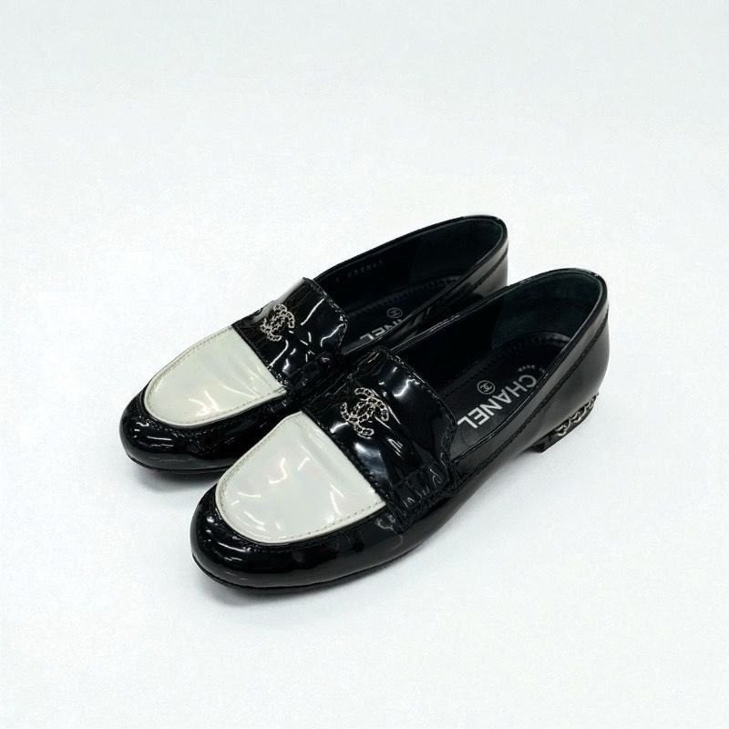Chanel Loafers Leather Shoes Patent Black White Silver Here Mark Chain Flat